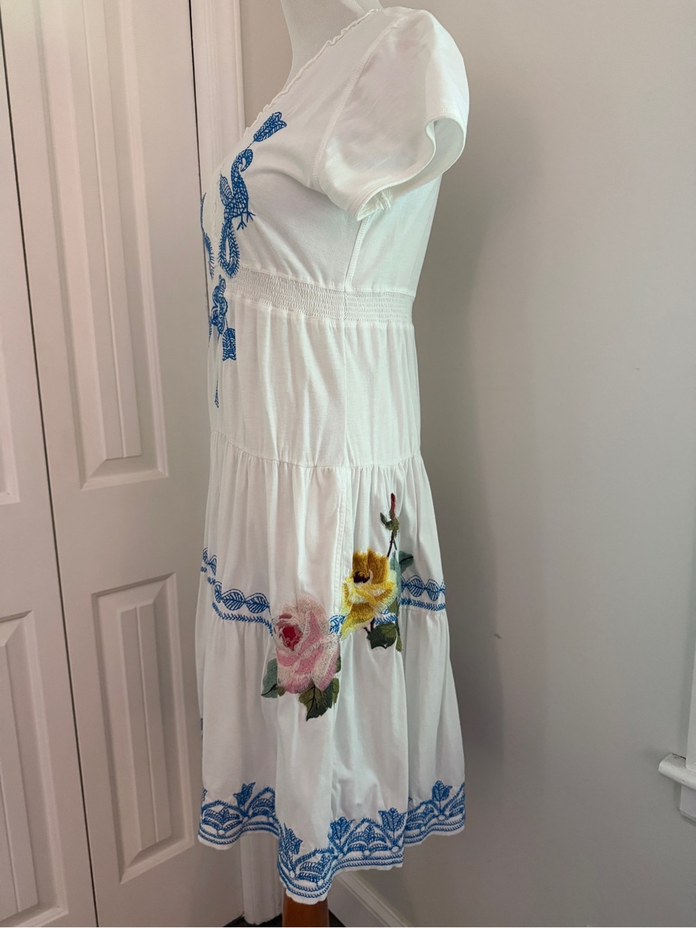 Johnny Was White Midi Dress with Blue Embroidery & Pink Floral - Picture 6 of 12